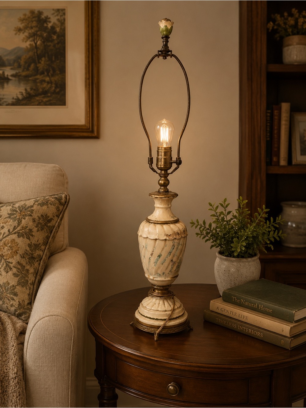 Vintage-Inspired Cream Table Lamp with Brass Accents